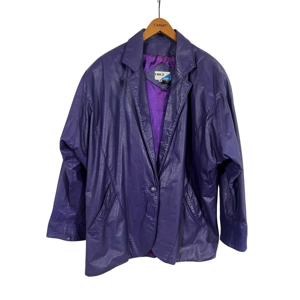 EREZ Sport Purple Leather Blazer Jacket Women Size M Vintage 80s 90s Purple Rain